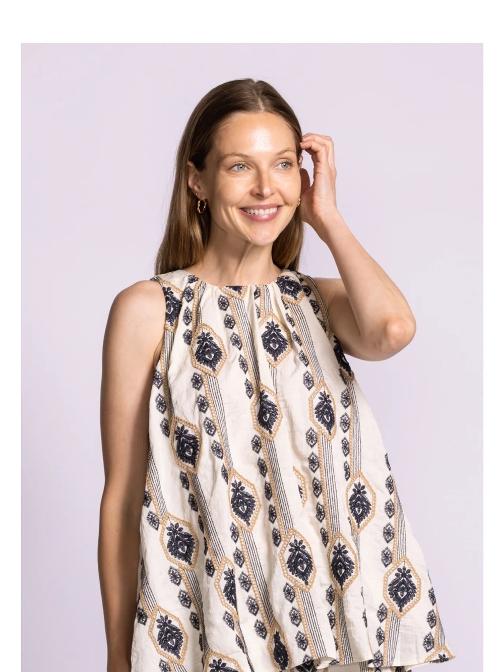 Pink Martini Sancola Embroidered Cream Tank Top with Navy & Gold Motifs